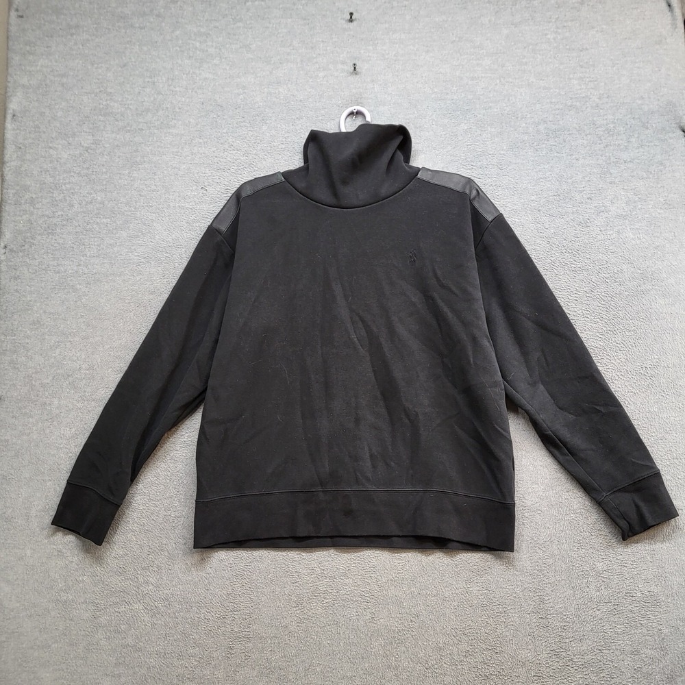 Polo Ralph Lauren Women Sweatshirt L Black Leather Shoulder Panel Funnel NecK